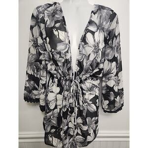 Torrid Black Floral Chiffon Sheer 3/4 Sleeve Tie Waist Deep V-neck Kimono Top 1X